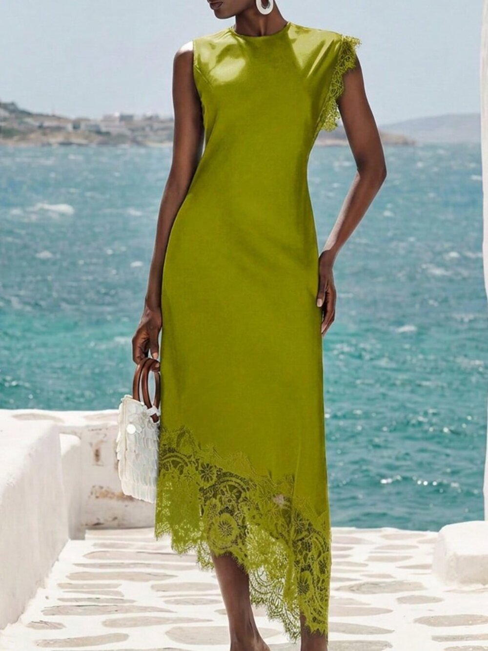 Olive Green Elegant Women's Contrast Lace Round Neck Midi Dress